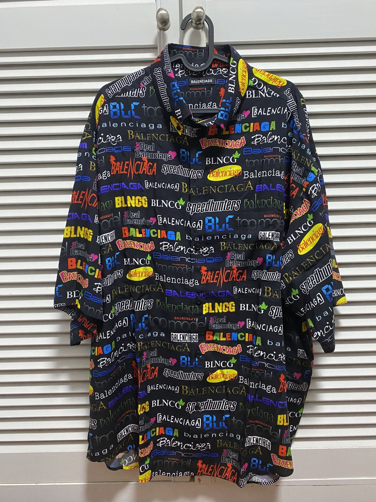 image of Balenciaga Multicolor Tv Show Logo Pattern Shirt in Black, Men's (Size Medium)