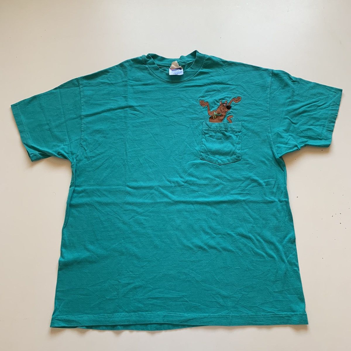 image of Cartoon Network Vintage 90's Scooby Doo Embroidered Graphic Pocket T Shirt in Teal (Size Large)