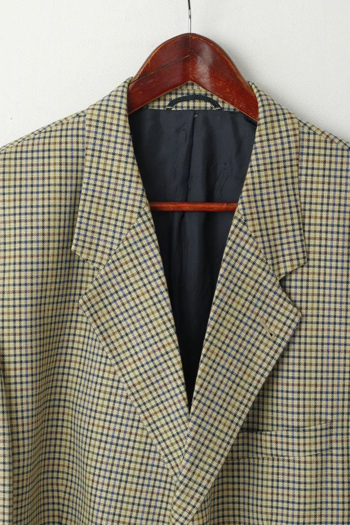Vintage John Harris Men 28 46 Blazer Beige Checkered Wool Silk 1450 Size 46R - 3 Thumbnail