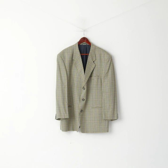 Vintage John Harris Men 28 46 Blazer Beige Checkered Wool Silk 1450 Size 46R - 2 Thumbnail