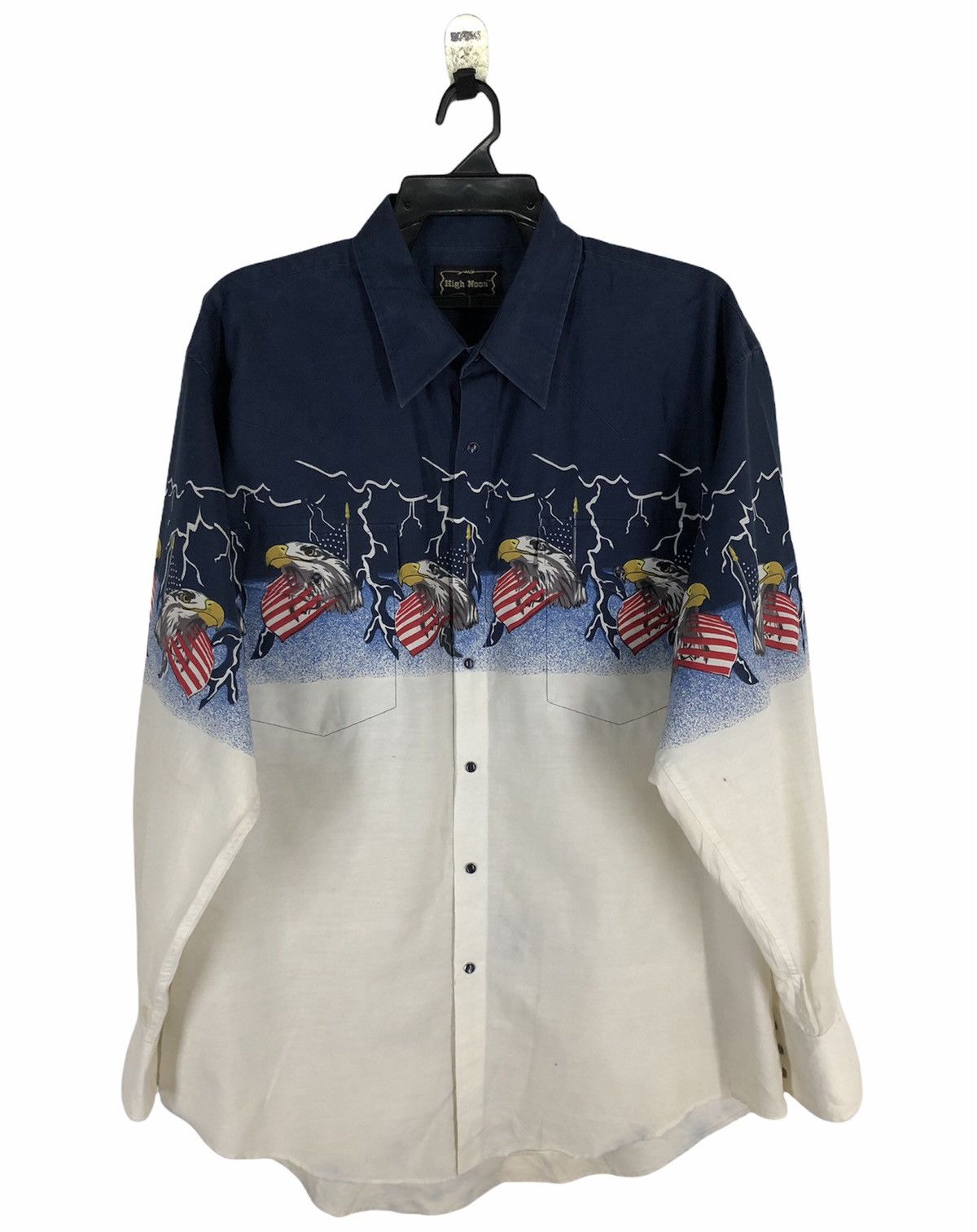 image of Vintage High Noon Pearl Snap Native American Print Western in Blue/White, Men's (Size XL)