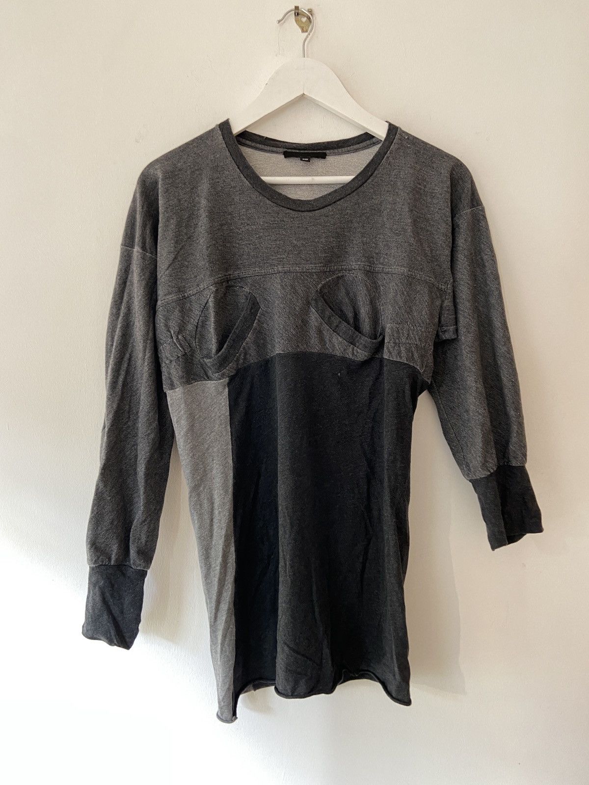 image of Helmut Lang A/w03 Asymmetric Smiley Pocket Longsleeve in Grey, Men's (Size Small)