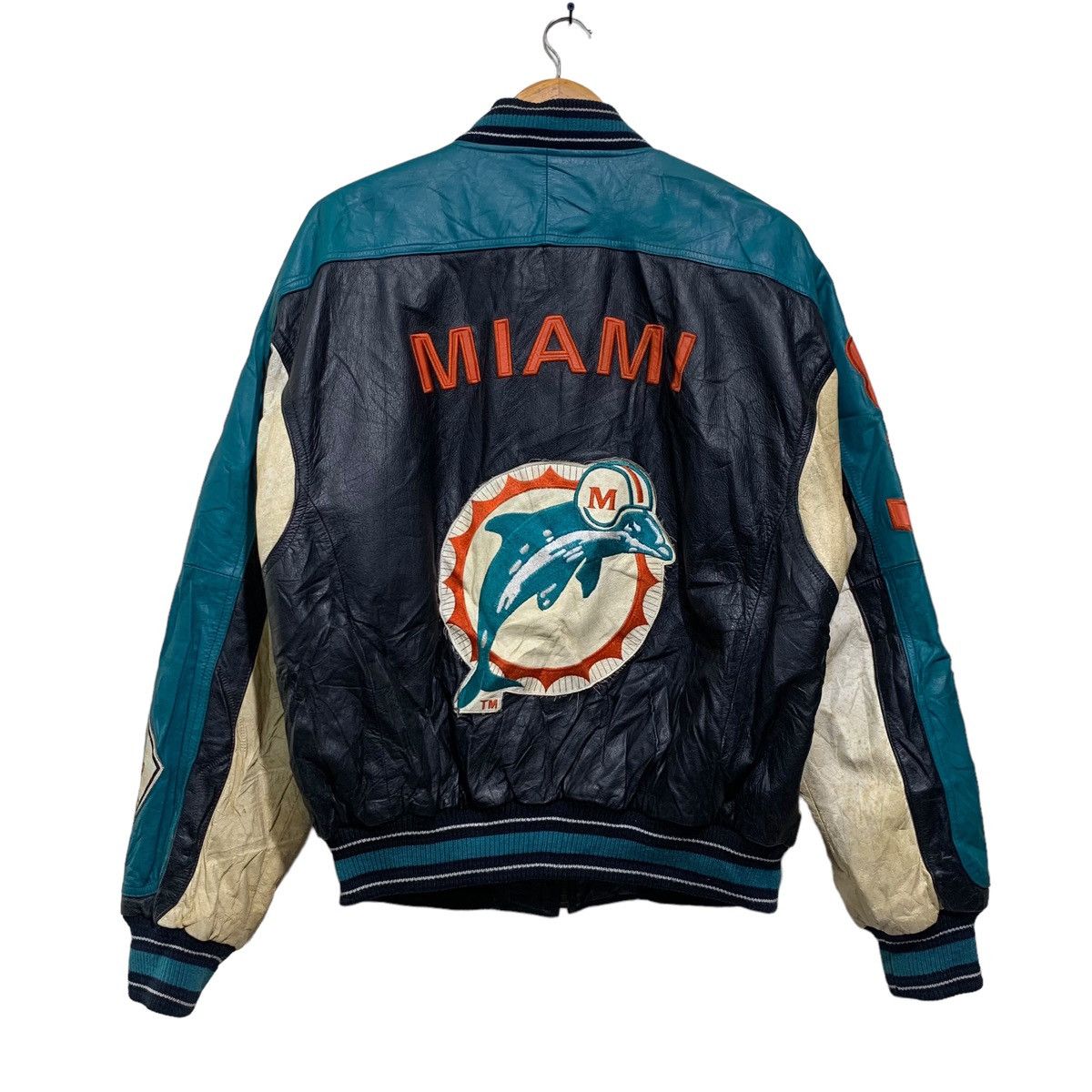 image of G Iii x Nfl Vintage Carl Banks Nfl Miami Dolphins Leather Jacket in Black/Green, Men's (Size Medium