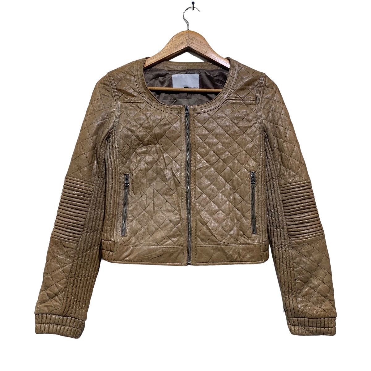 image of Leather Jacket x Moto Enchantement Quilted Lamb Leather Crop Jacket in Brown, Women's (Size XS)