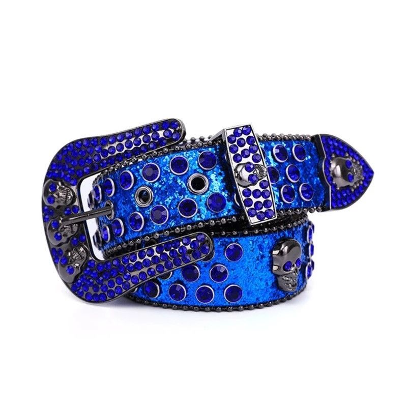 image of Blue Color Rhinestone Belt Skull Pu Leather, Men's