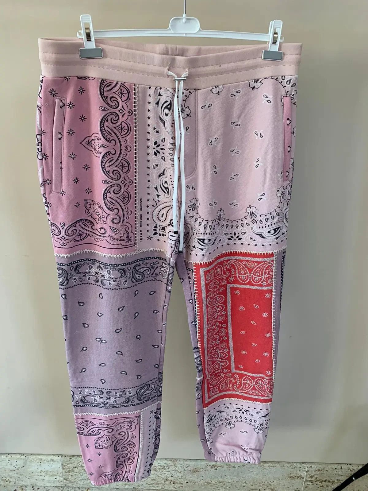 image of Amiri Reconstructed Bandana Sweat Pants in Coral, Men's (Size 36)