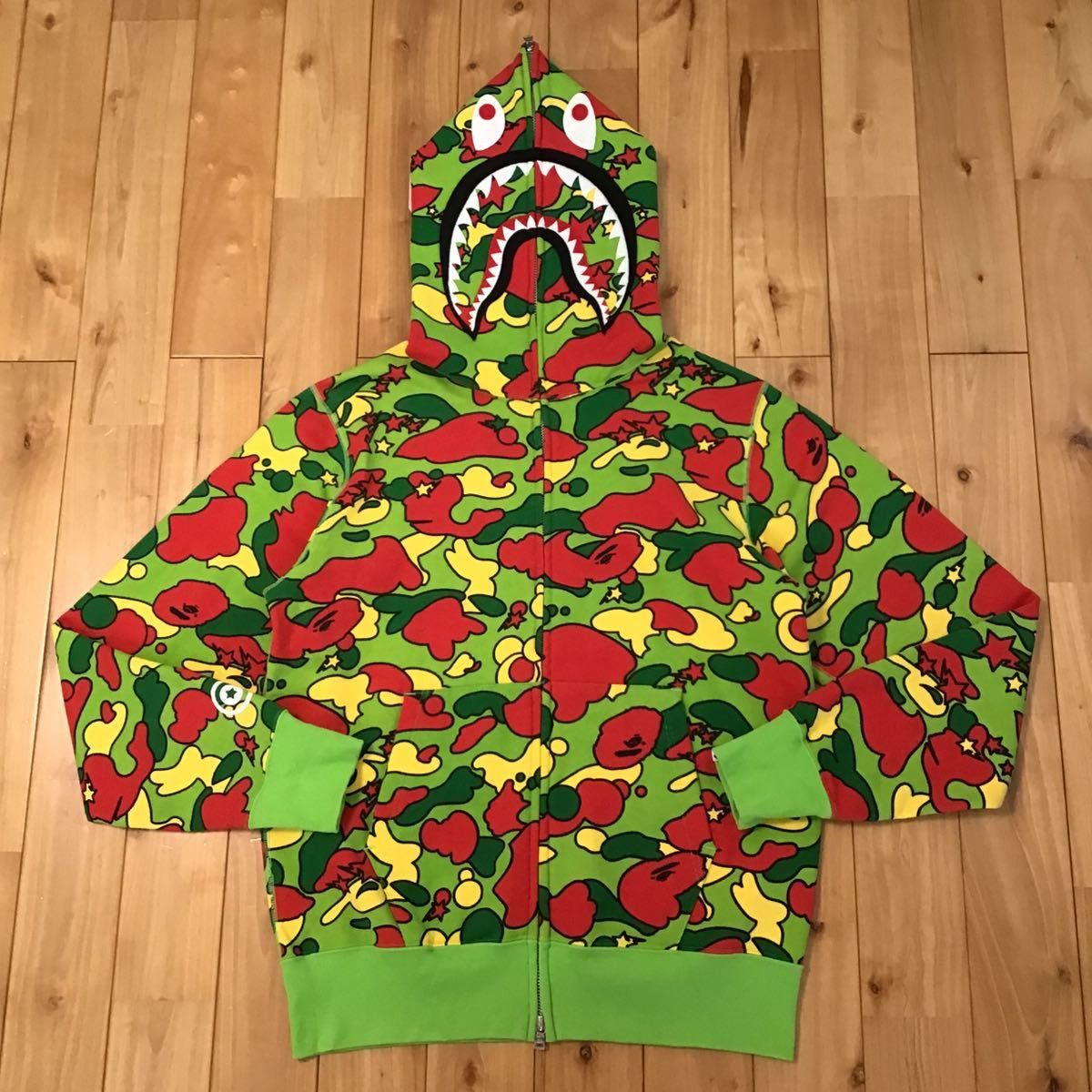 image of Bape Psyche Camo Shark Full Zip Hoodie Sta Camo in Neon Green, Men's (Size Medium)