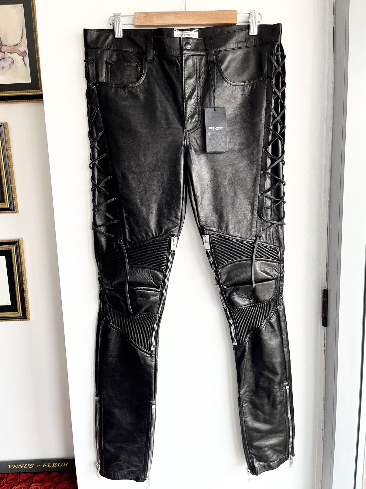 image of Hedi Slimane x Saint Laurent Paris Slp Fw13 New Runway Leather Biker Moto Pants Jeans Eu52 in Black