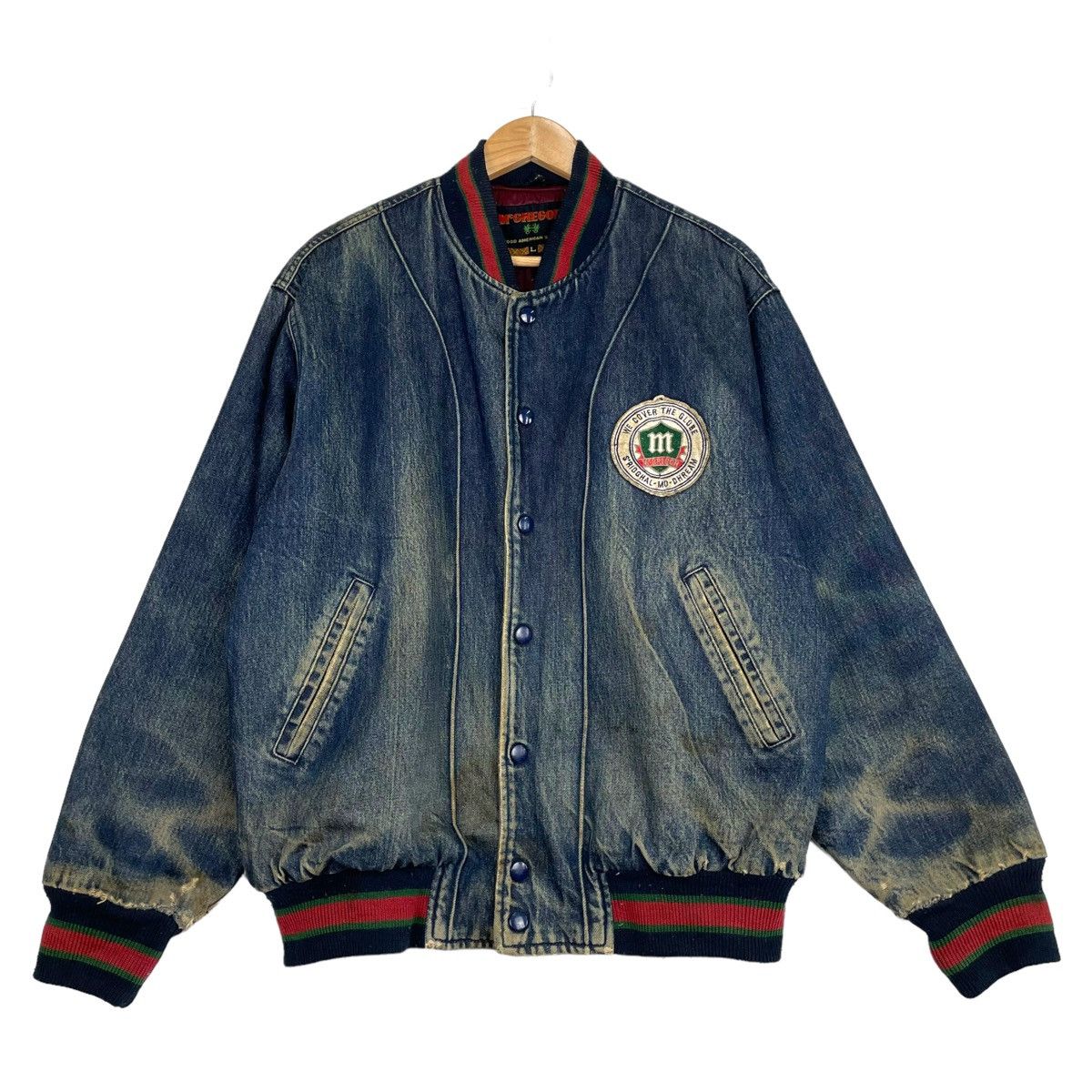 Japanese Brand × McGregor 💥90s MCREGOR DENIM VARSITY BOMBER JACKET DISTRESSED Size US L / EU 52-54 / 3 - 1 Thumbnail