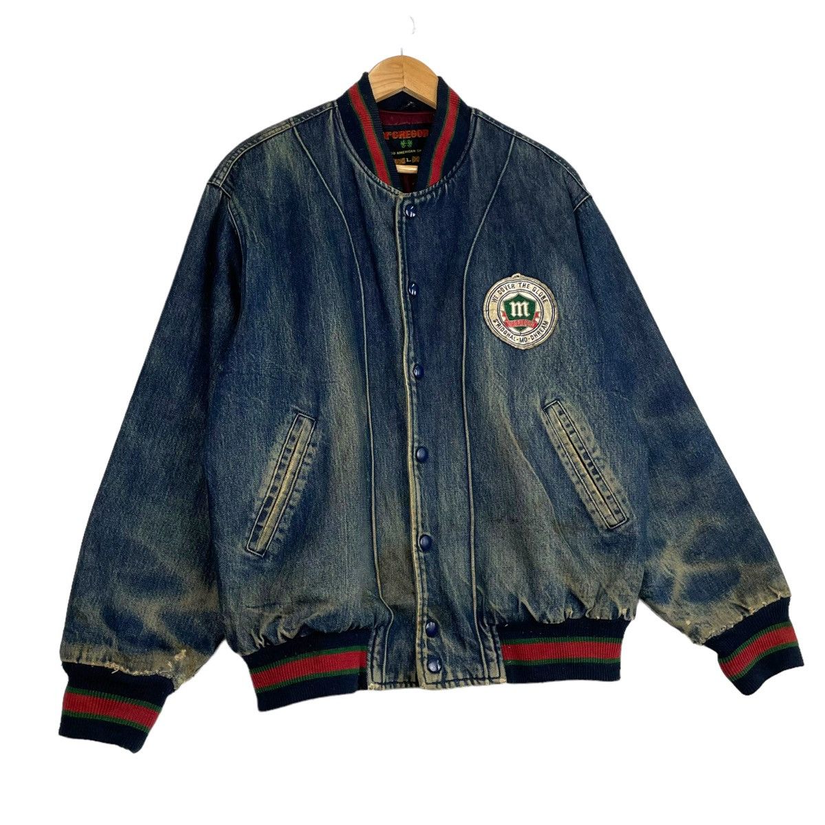 Japanese Brand × McGregor 💥90s MCREGOR DENIM VARSITY BOMBER JACKET DISTRESSED Size US L / EU 52-54 / 3 - 3 Thumbnail
