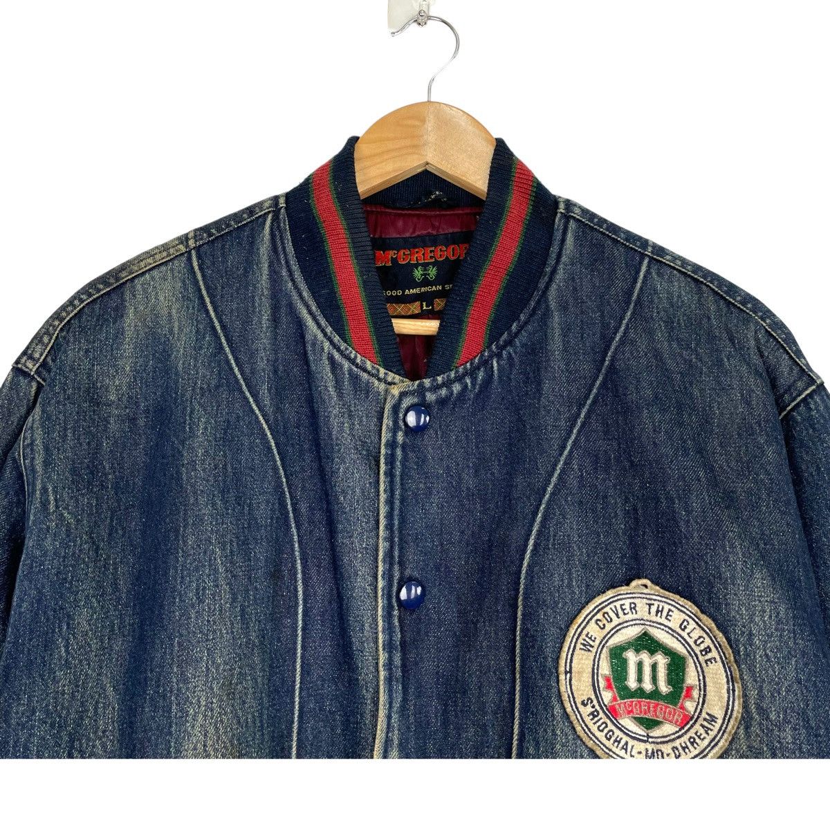 Japanese Brand × McGregor 💥90s MCREGOR DENIM VARSITY BOMBER JACKET DISTRESSED Size US L / EU 52-54 / 3 - 4 Thumbnail
