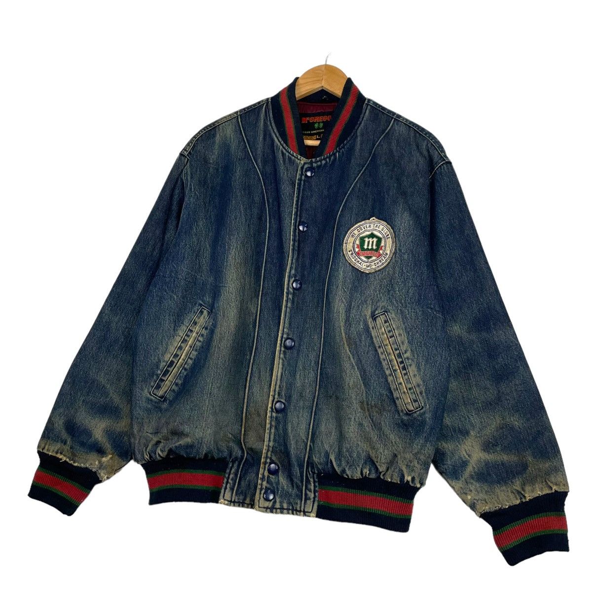 Japanese Brand × McGregor 💥90s MCREGOR DENIM VARSITY BOMBER JACKET DISTRESSED Size US L / EU 52-54 / 3 - 2 Thumbnail