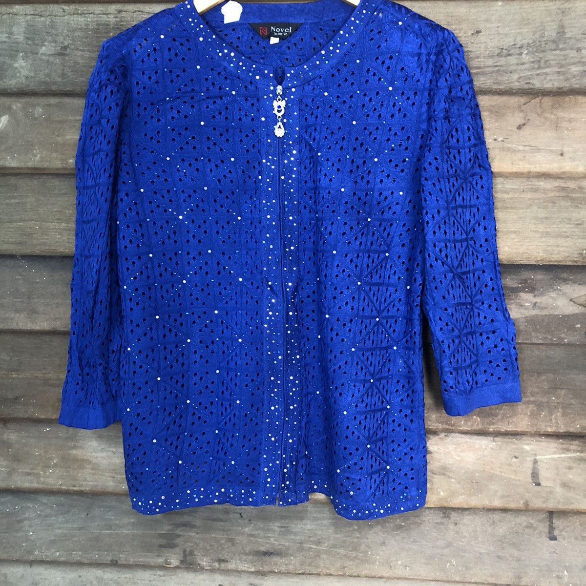 Homespun Knitwear Novel Mesh Net Crochet Blue Cardigan Knitwear #7167 Size M / US 6-8 / IT 42-44 - 3 Thumbnail