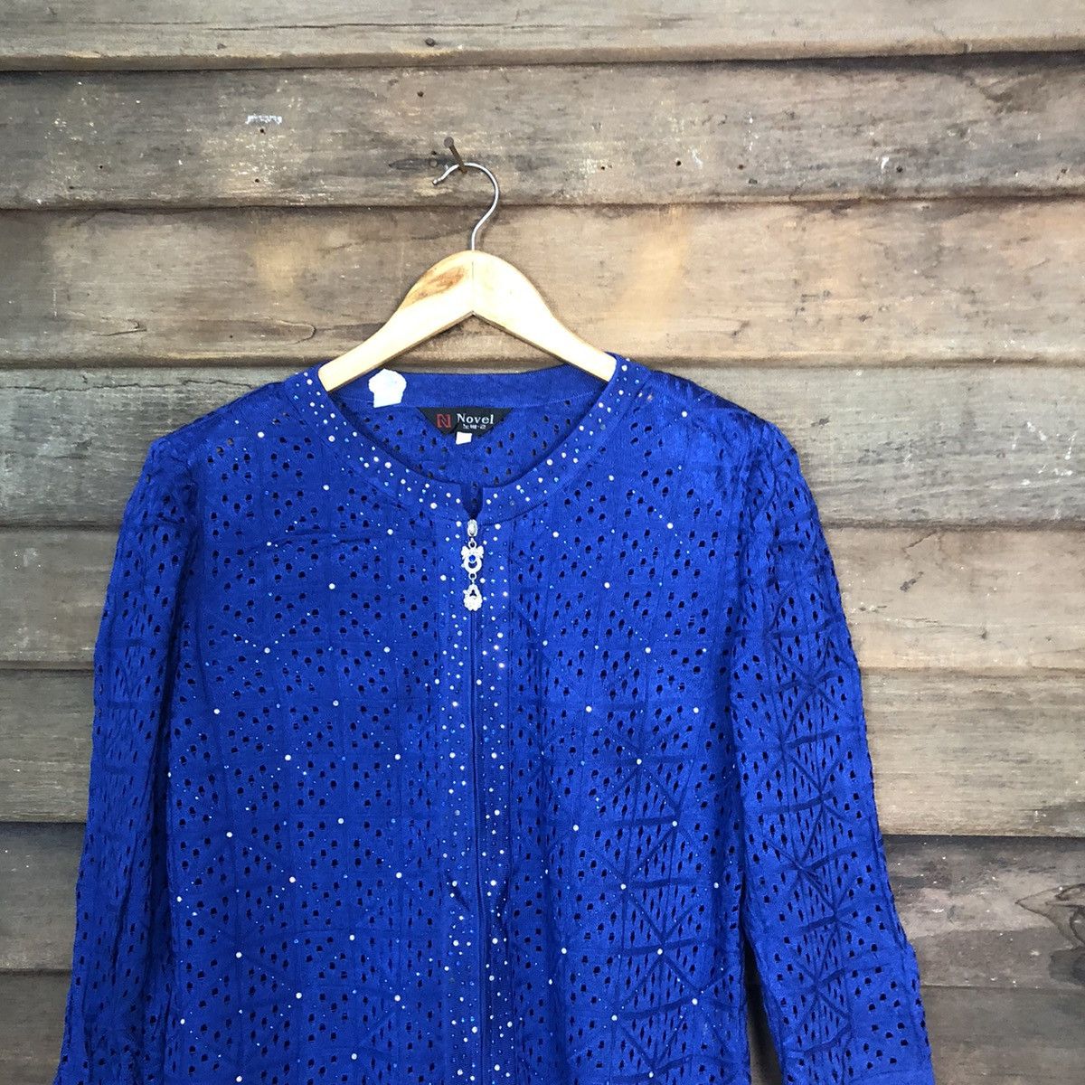 Homespun Knitwear Novel Mesh Net Crochet Blue Cardigan Knitwear #7167 Size M / US 6-8 / IT 42-44 - 2 Thumbnail