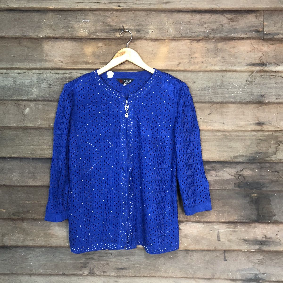 Homespun Knitwear Novel Mesh Net Crochet Blue Cardigan Knitwear #7167 Size M / US 6-8 / IT 42-44 - 1 Thumbnail