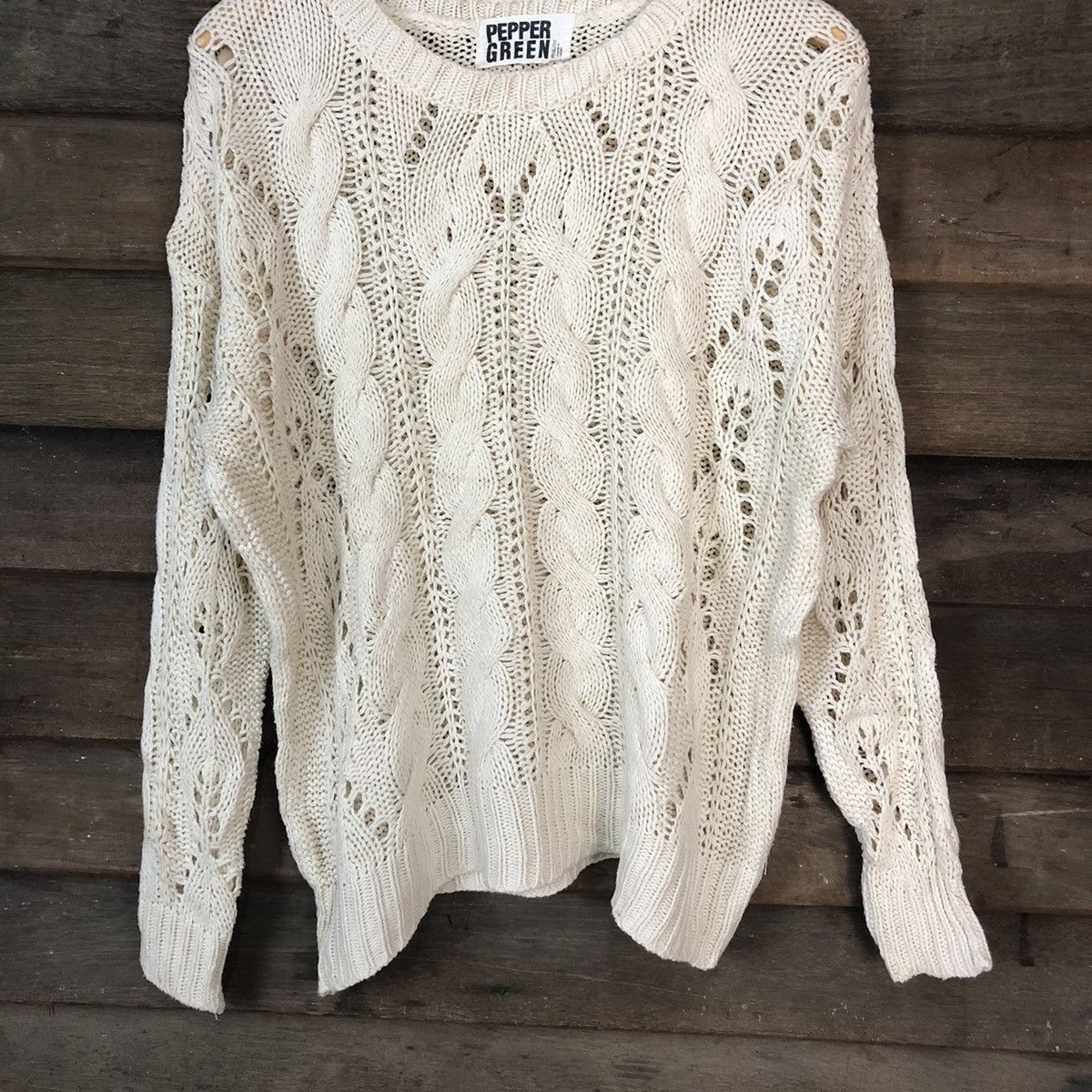 Japanese Brand Pepper Green Mesh Net Crochet White Knitwear #7141 Size XL / US 12-14 / IT 48-50 - 3 Thumbnail