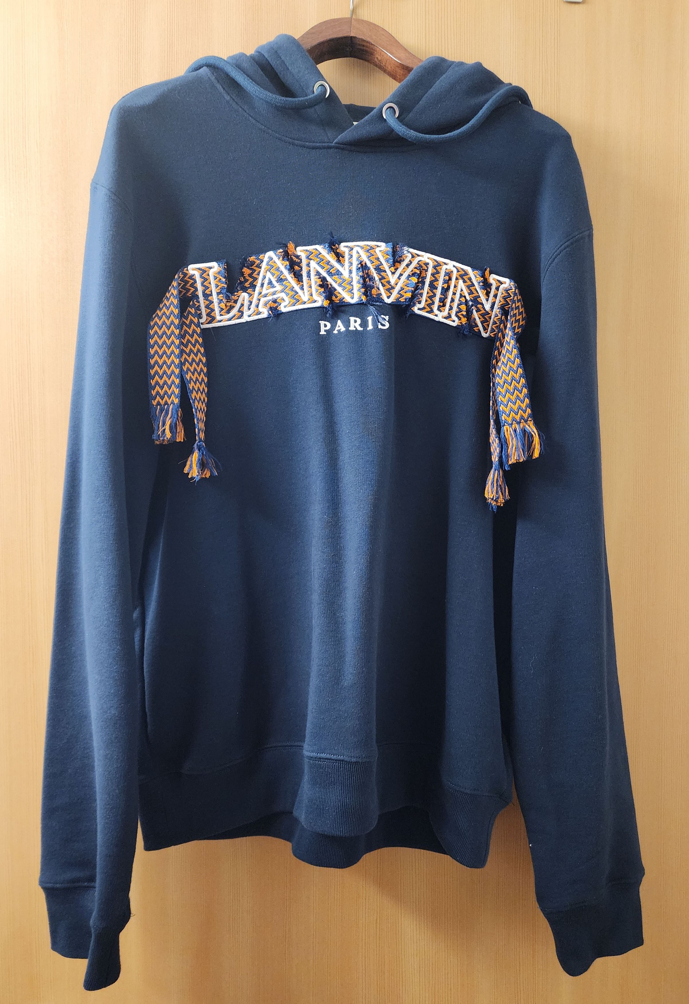 image of Lanvin Frayed Logo Hoodie Blue in Midnight Blue, Men's (Size XL)