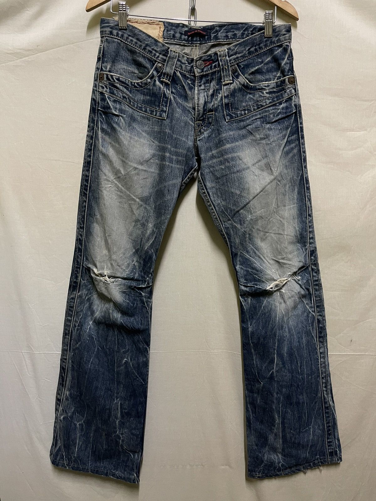image of Distressed Denim x Vintage Blueway Japan Denim Flare Thrashed, Men's (Size 32)