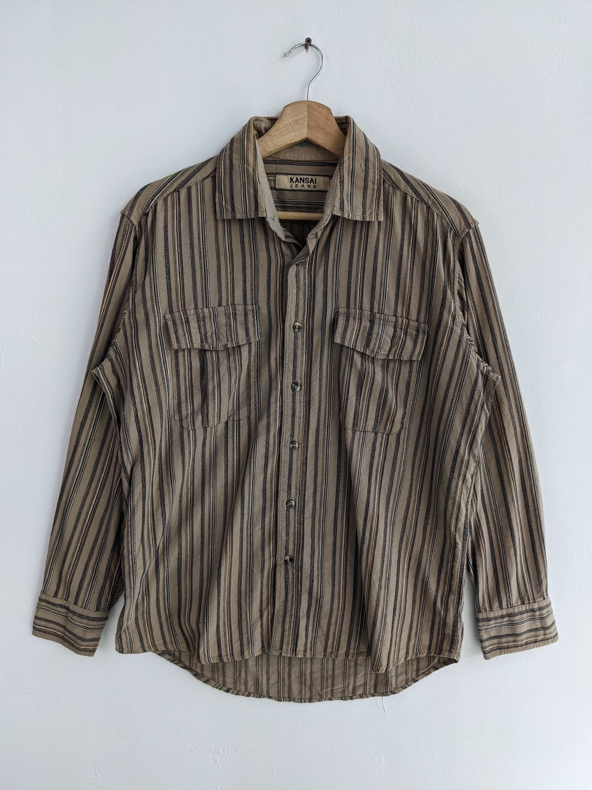 Designer × Japanese Brand × Vintage 🇯🇵 Vintage 90s Kansai Jeans Hickory Shirt Button Up Size US M / EU 48-50 / 2 - 1 Thumbnail