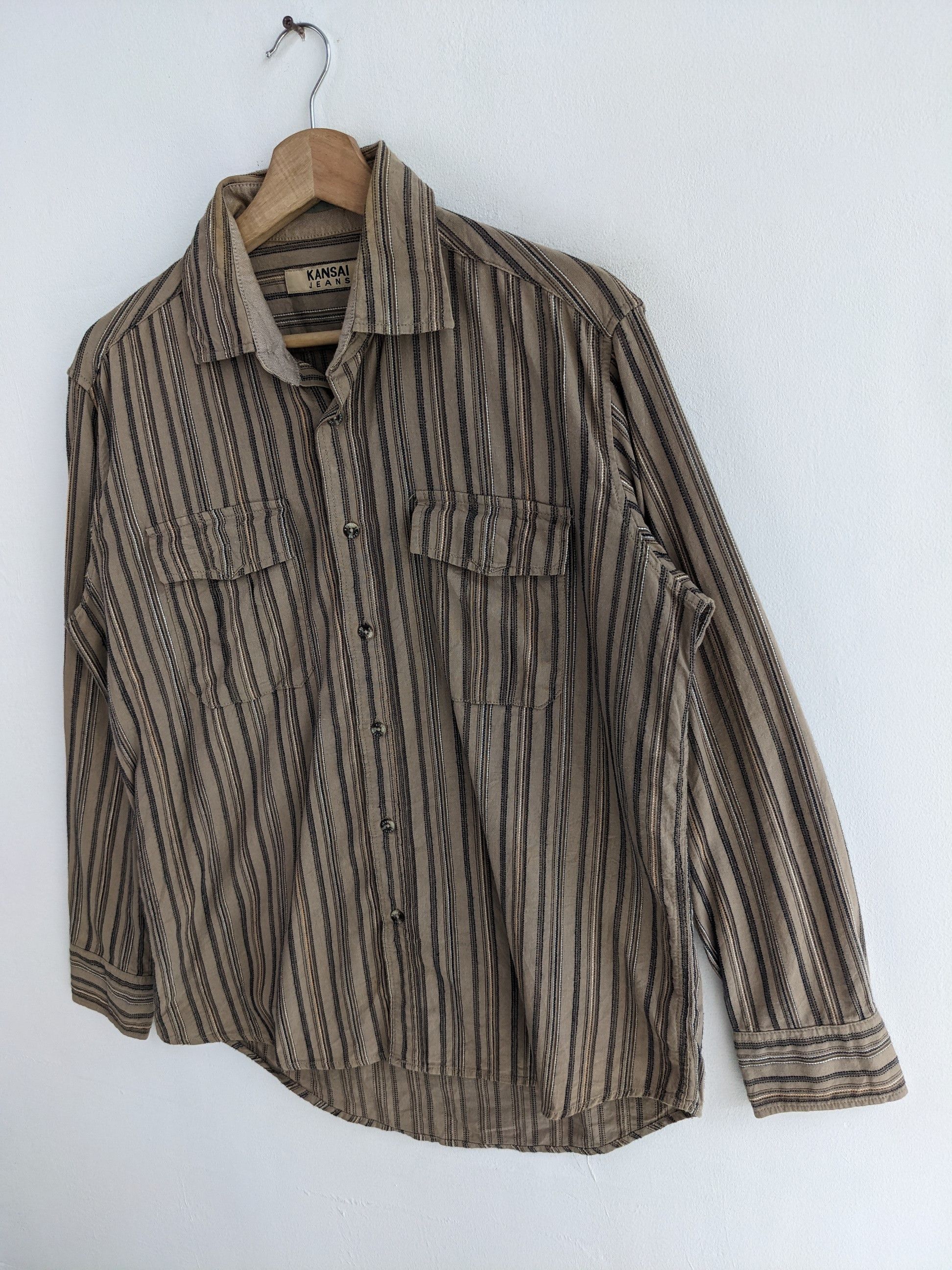 Designer × Japanese Brand × Vintage 🇯🇵 Vintage 90s Kansai Jeans Hickory Shirt Button Up Size US M / EU 48-50 / 2 - 2 Thumbnail