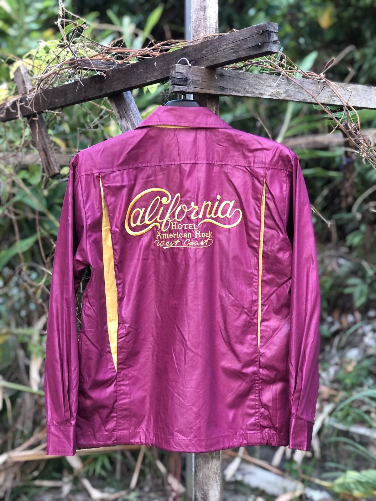 image of Flannel x Rockability Vintage 80's Bowling Shirt Embroidered Hotel California in Maroon (Size Mediu