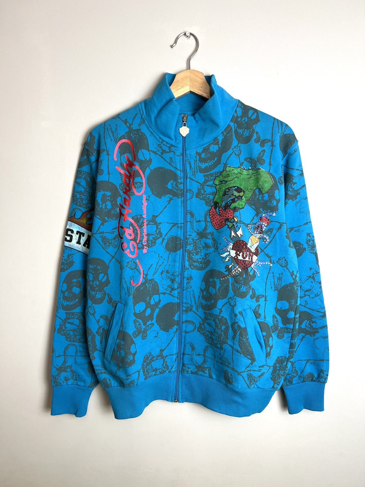 Christian Audigier × Ed Hardy × Vintage Rare Ed Hardy Zip Sweatshirt Rhinestones Logo All Over Print Size US M / EU 48-50 / 2 - 2 Thumbnail