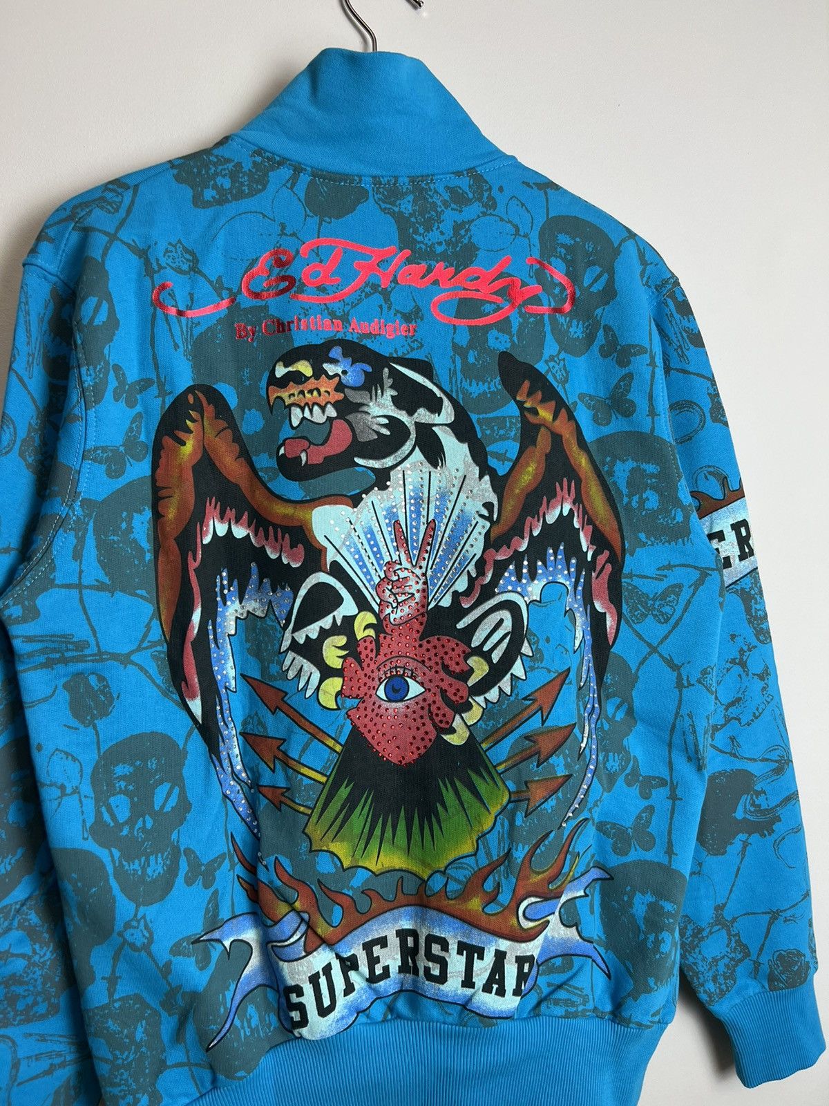 Christian Audigier × Ed Hardy × Vintage Rare Ed Hardy Zip Sweatshirt Rhinestones Logo All Over Print Size US M / EU 48-50 / 2 - 4 Thumbnail