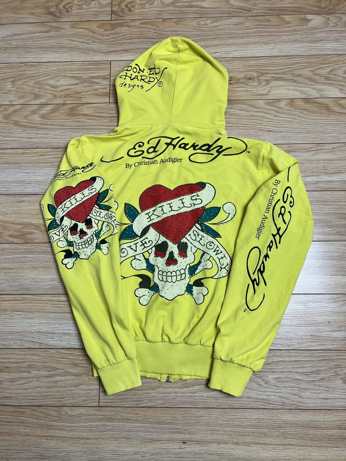 image of Christian Audigier x Ed Hardy Vintage Ed Hardy Love Kills Y2K Rhinestone Drip Hoodie in Neon Yellow