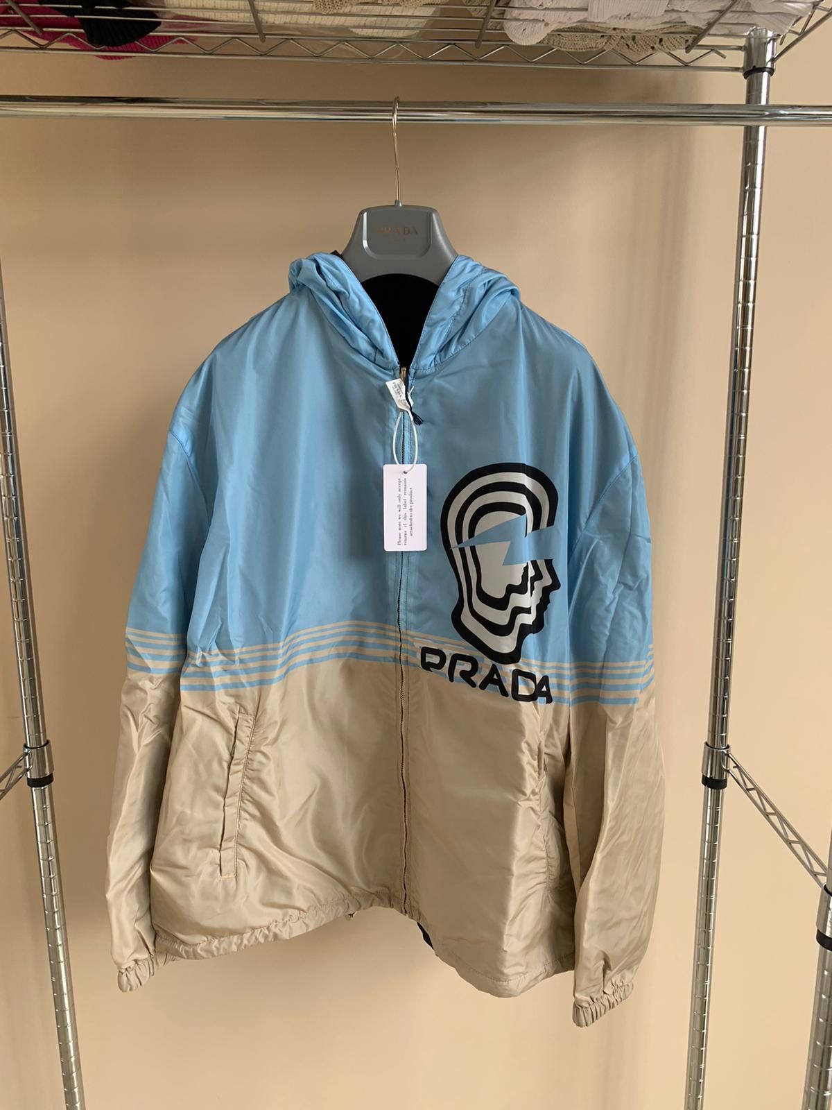 Pre-owned Prada Reversible Nylon Jacket In Celeste + Corda In Celeste/corda