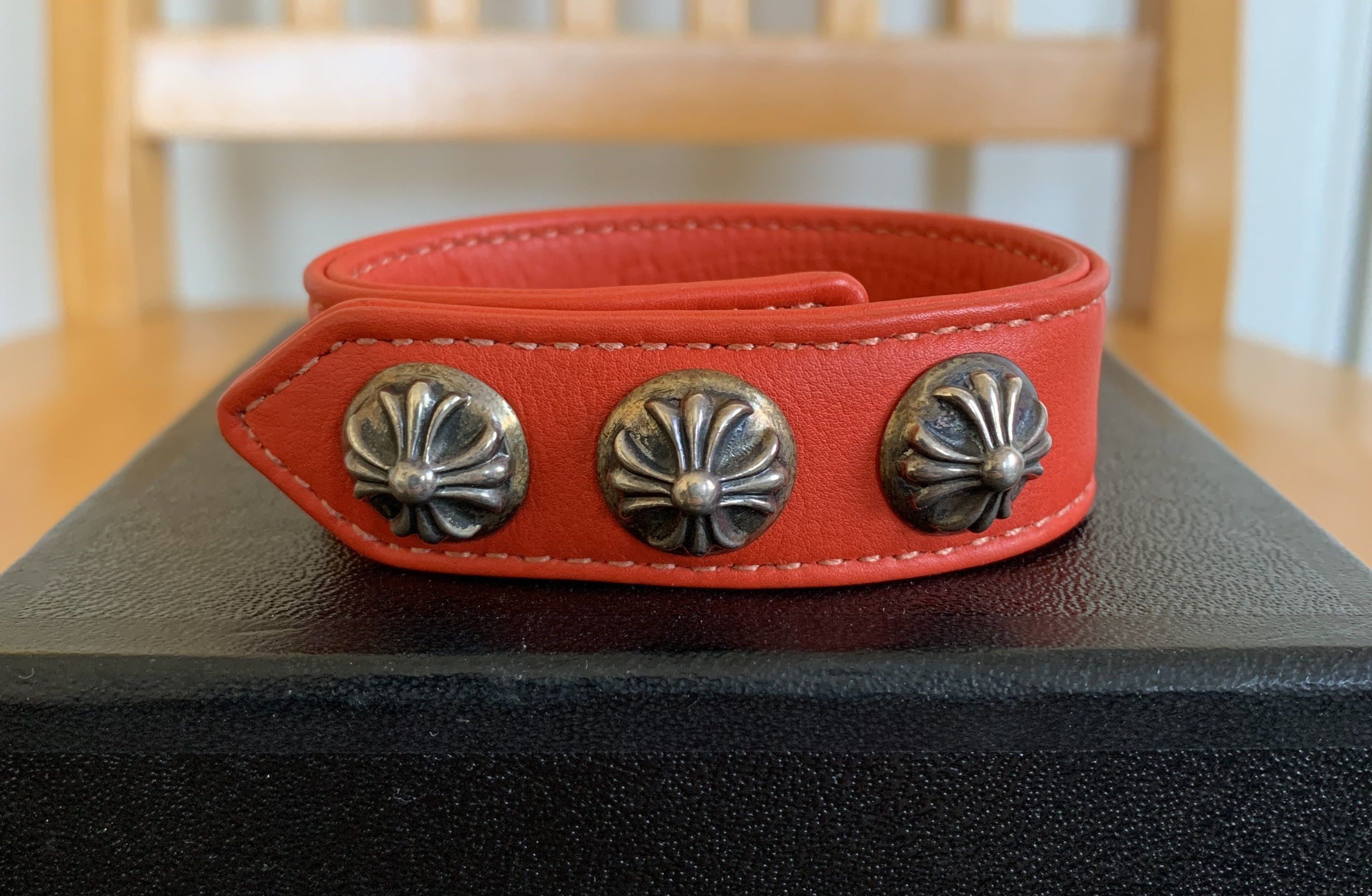 Chrome Hearts Adjustable Leather Silver Snap Bracelet