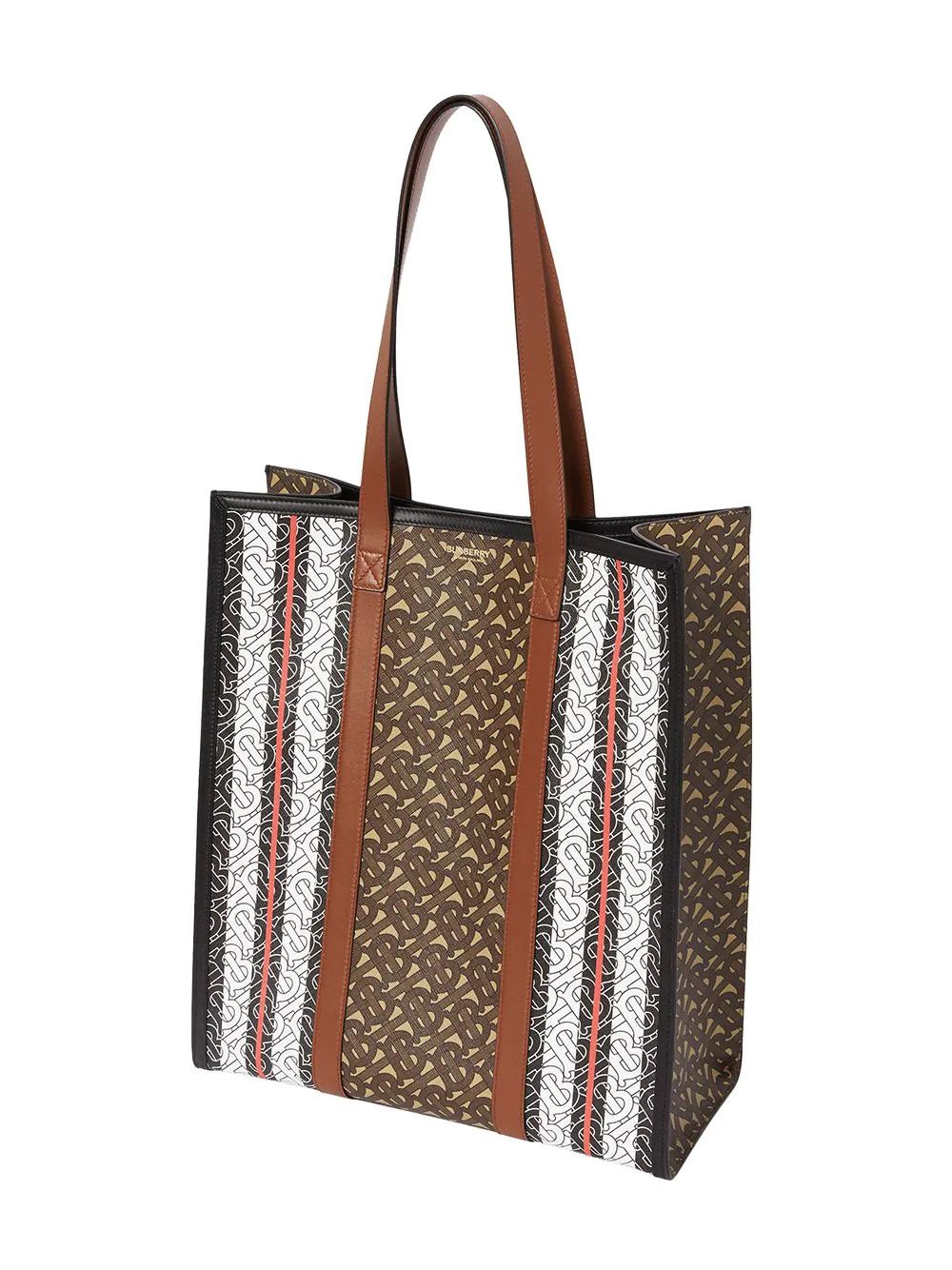 image of Burberry Tb Monogram Leather & Canvas Shopper Book Tote Bag in Brown, Women's