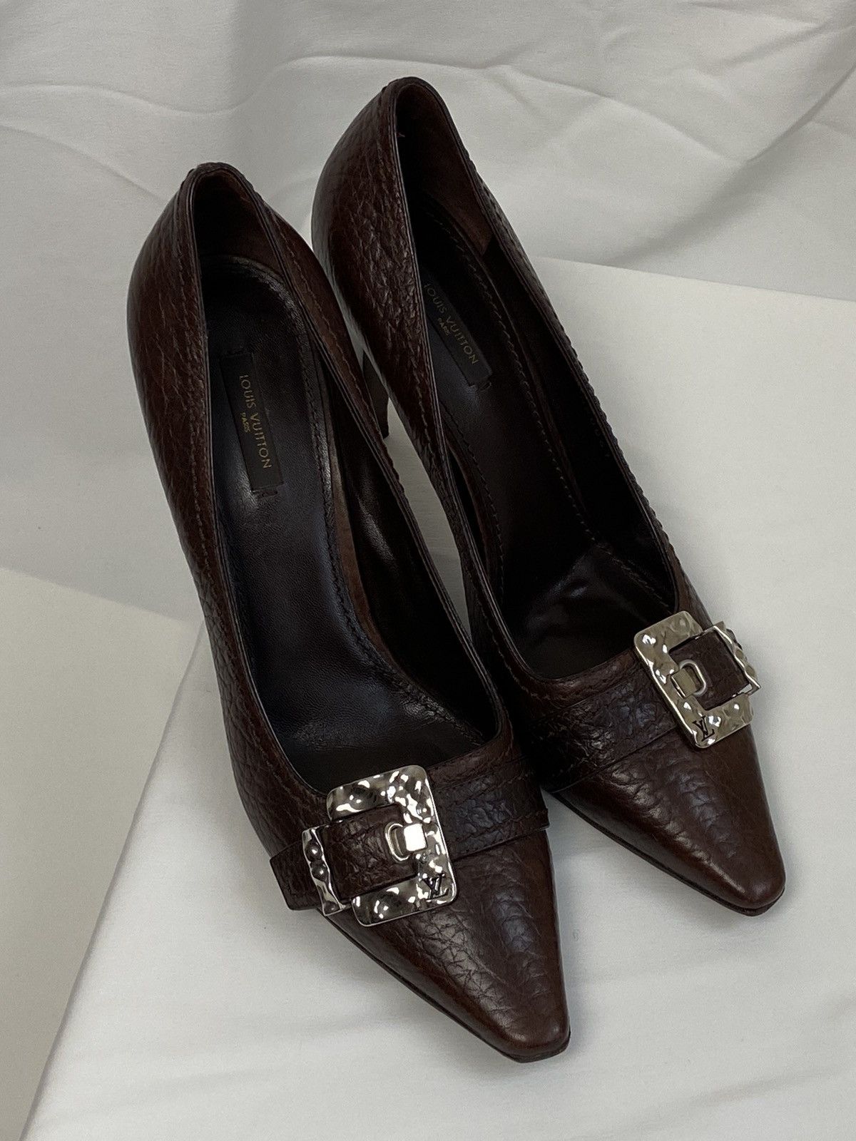 image of Louis Vuitton Kitten Heel Shoes Silver Buckle in Brown, Women's (Size 11)