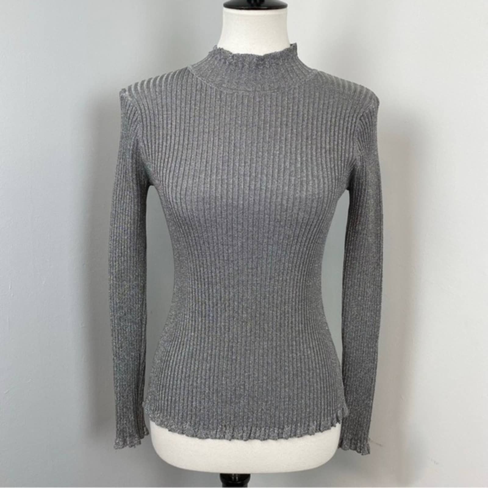 Milly Italian Stardust Ribbed Silver Pullover Sweater