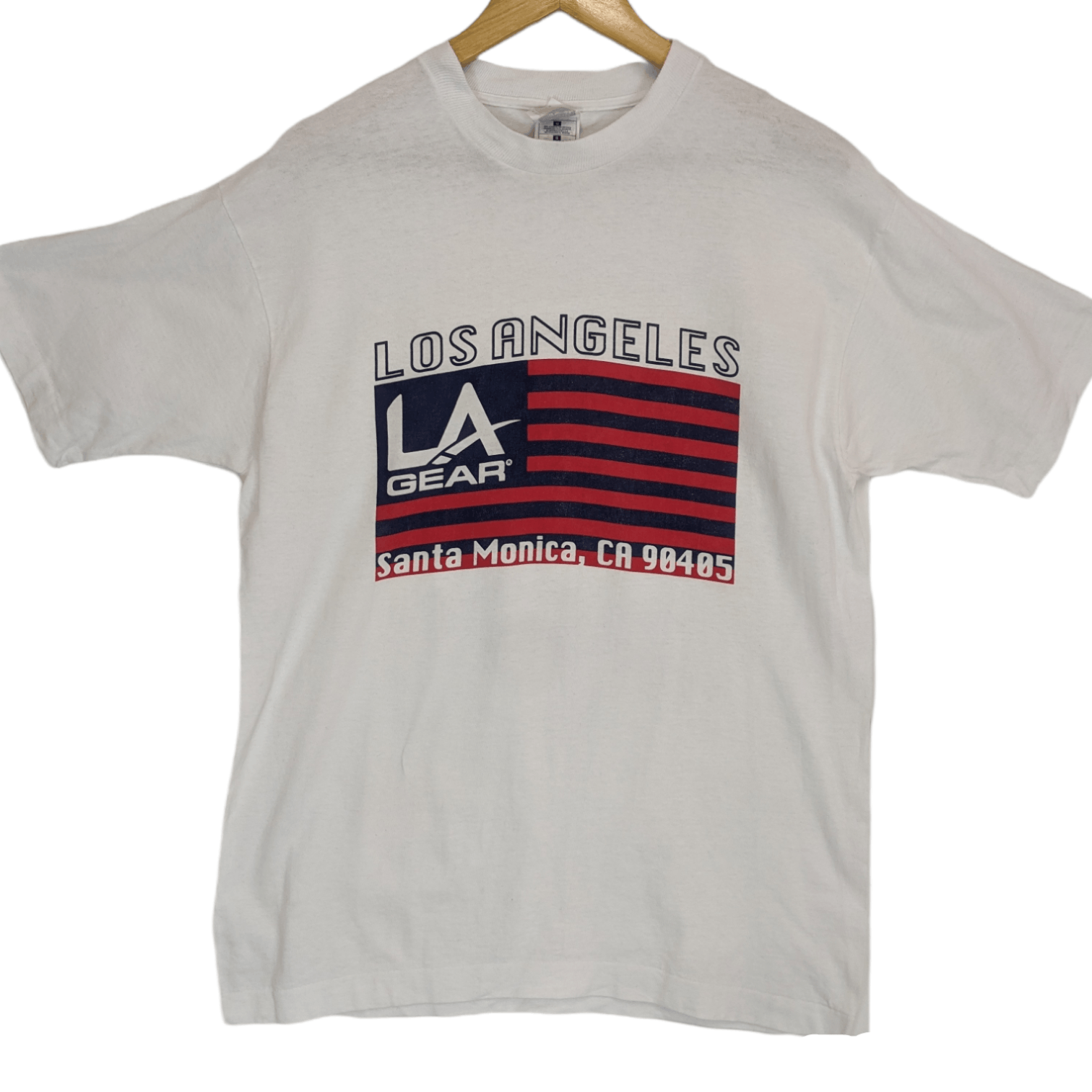 Fruit Of The Loom × La Gear × Vintage 90's LOS ANGELES Santa Monica US Flag T-Shirt Single Stitch Size US L / EU 52-54 / 3 - 2 Thumbnail
