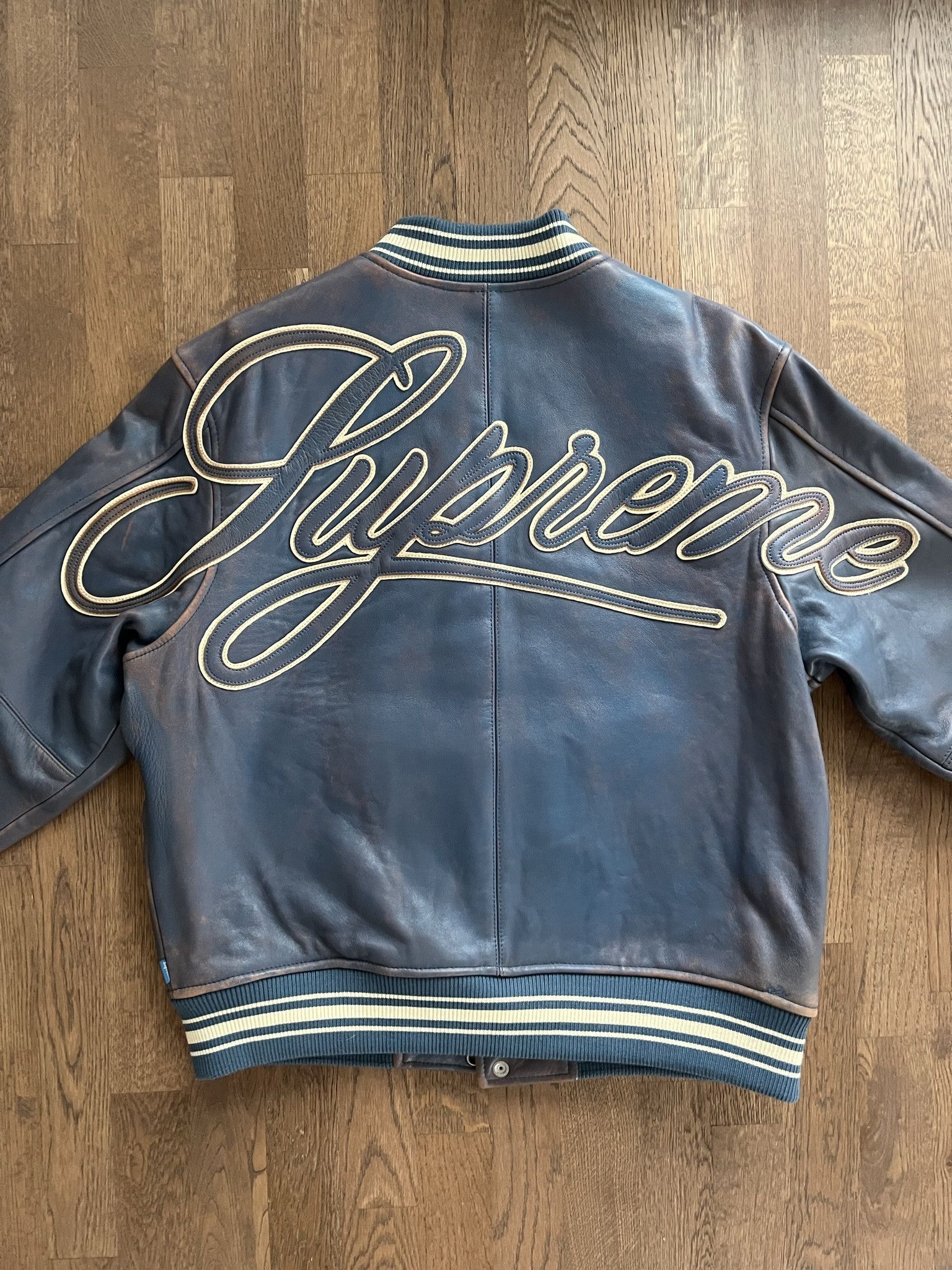 Supreme Supreme Worn Leather Varsity Jacket 'Blue' SS19 | Grailed