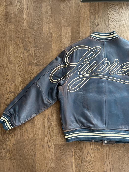 Supreme Worn Leather Varsity Jacket Blue