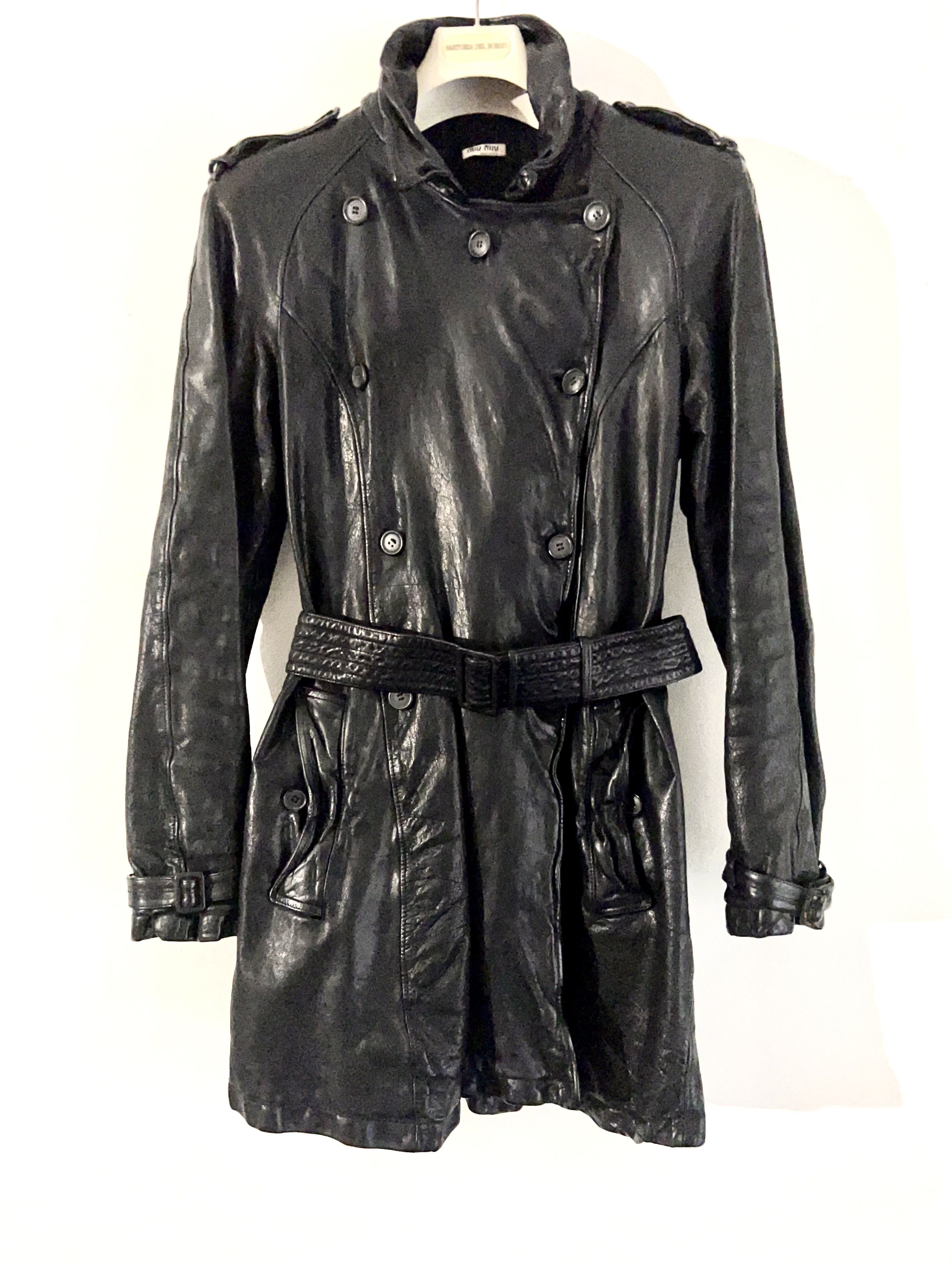 image of Miu Miu Coolest Buffalo Long Leather Coat Jacket in Black, Women's (Size Large)