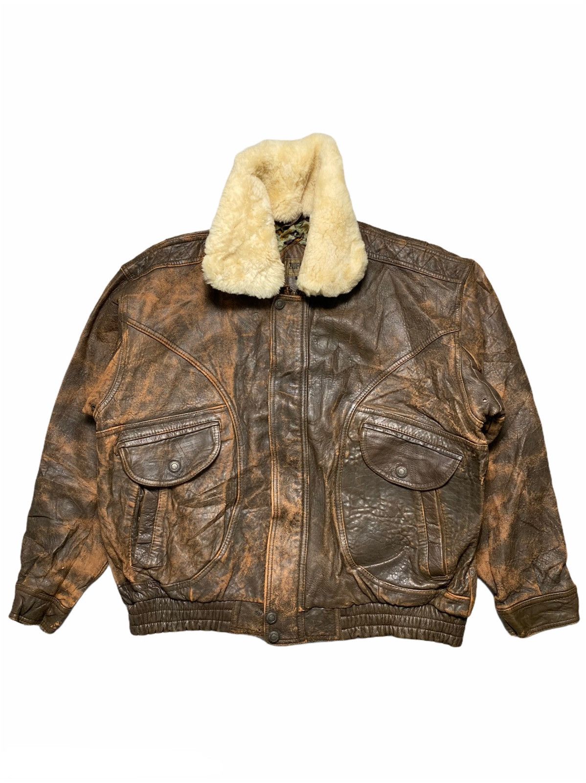 image of Leather Jacket x Vintage Zufolo Sherpa Leather Flight Jacket in Brown Leather, Men's (Size Medium)
