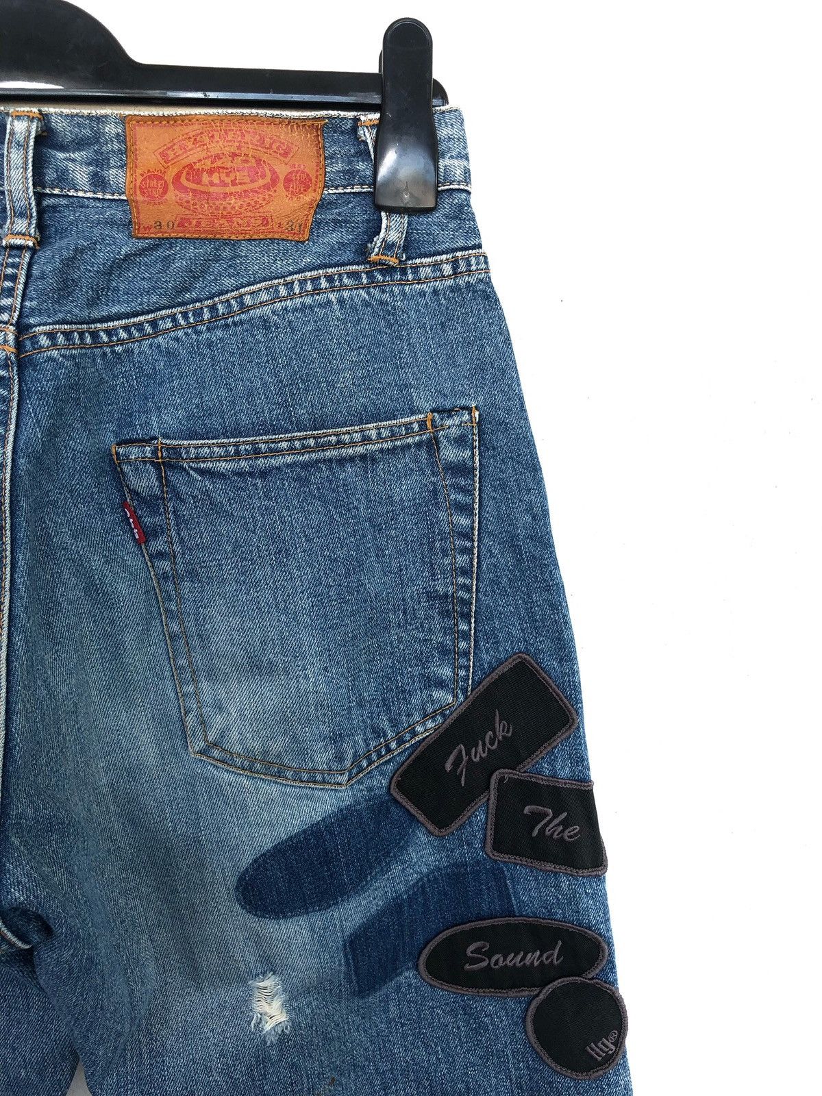 image of Distressed Denim x Hysteric Glamour Og Hg "fuck The Sound" Patches Selvaged Denim in Denim Blue (Si