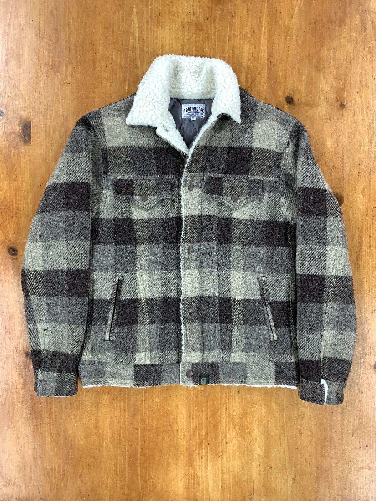 image of Bape Flannel Sherpa Quilt Lined Primaloft Snap Jacket in Brown, Men's (Size Medium)
