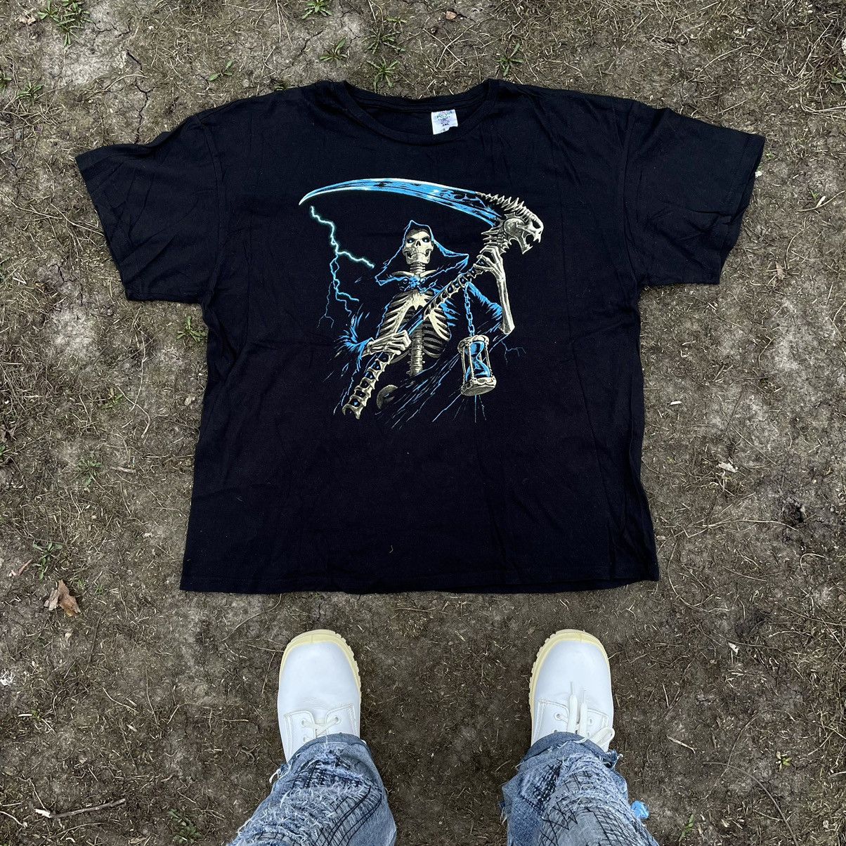 Vintage Vintage 90s Skeleton Reaper Graphic Tee Grim Grunge Boxy XL Size US XL / EU 56 / 4 - 1 Thumbnail