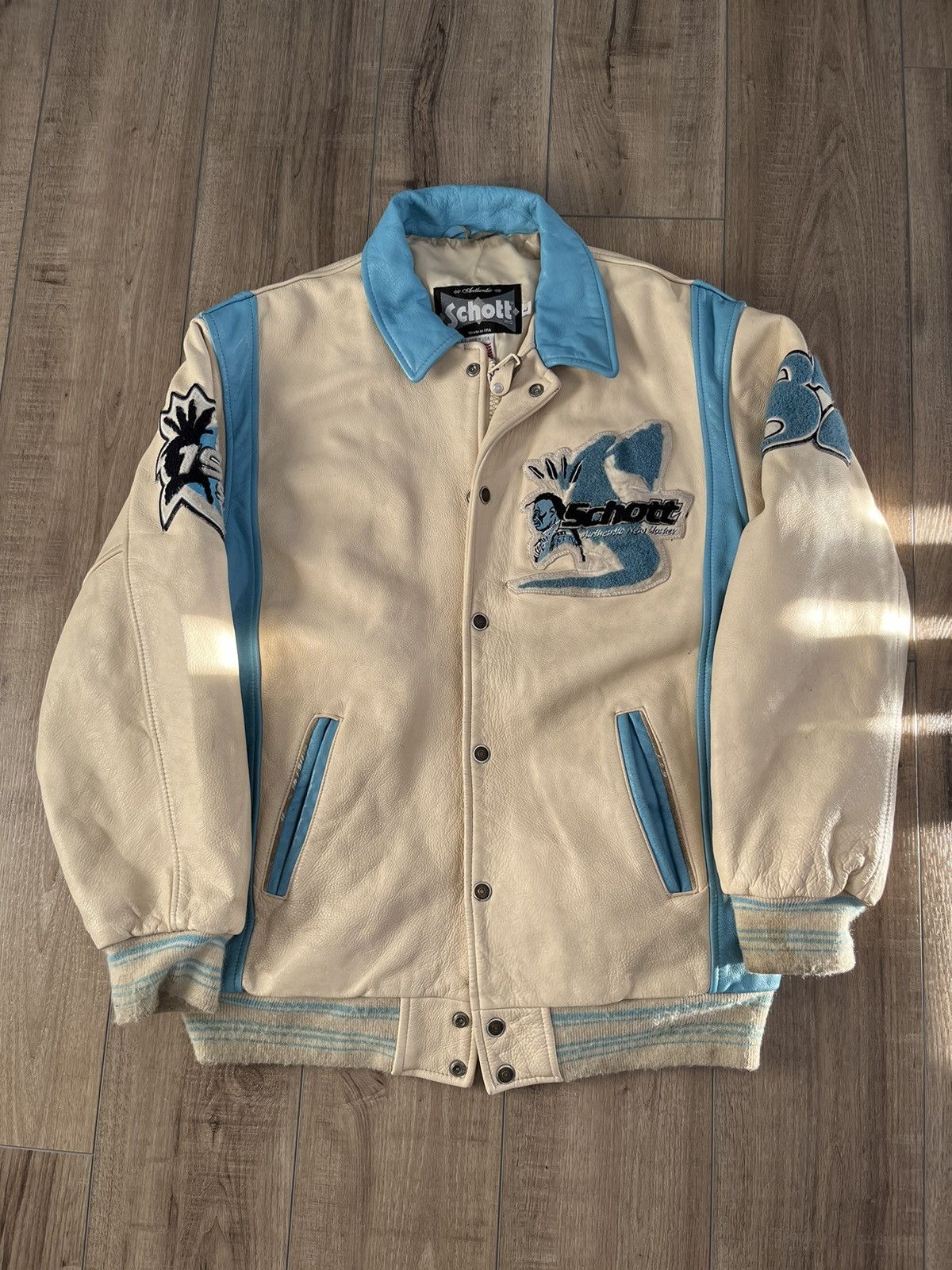 image of Schott Nyc Anniversary Jacket Creme Blue in Cream/Blue, Men's (Size Large)