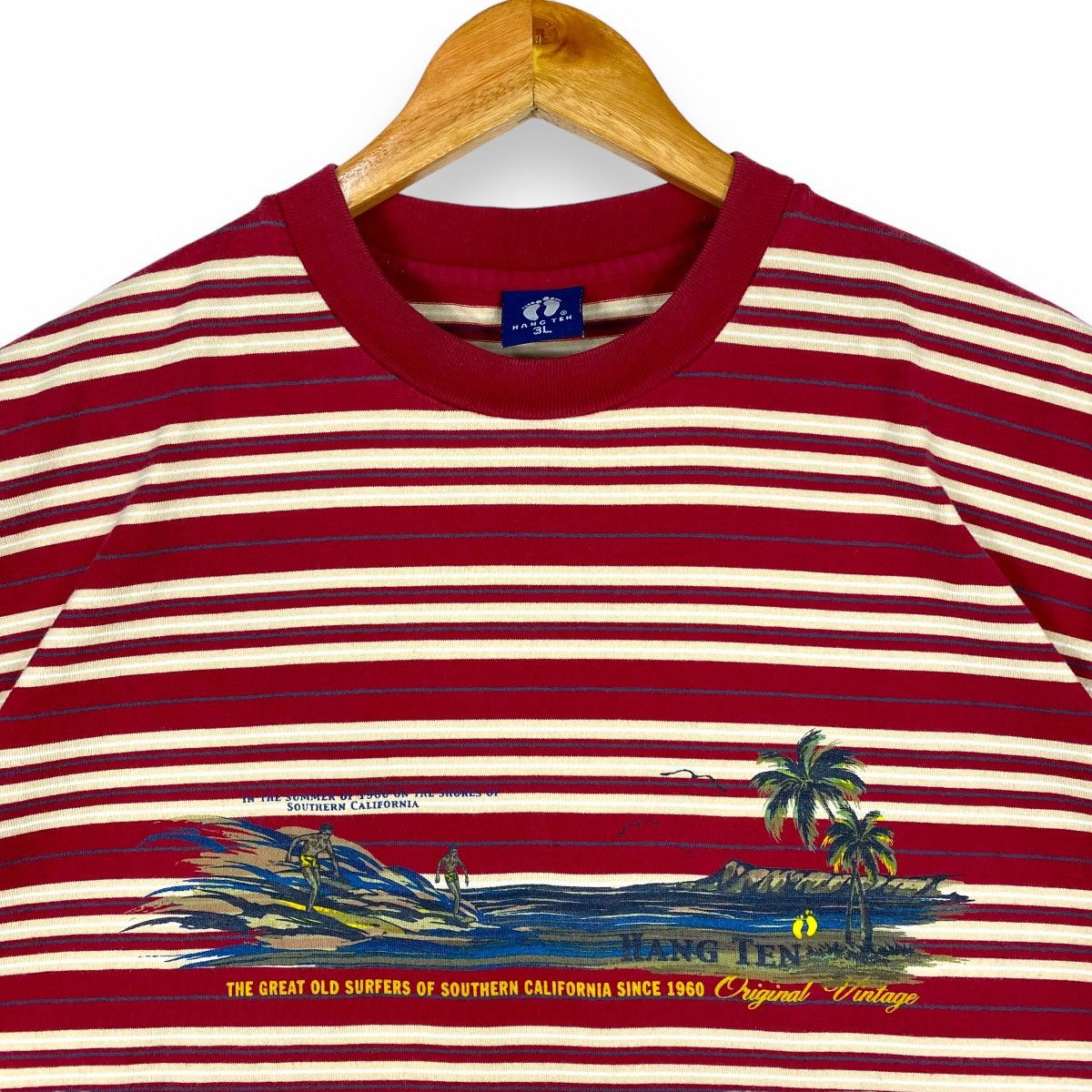 Hang Ten × Vintage Vintage 90's HANG TEN Surfers Graphic Red Striped Surf Tee Size US XL / EU 56 / 4 - 2 Thumbnail