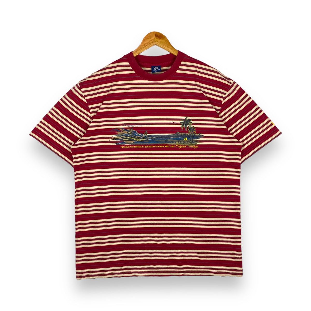 Vintage 90's HANG TEN Surfers Graphic Red Striped Surf Tee