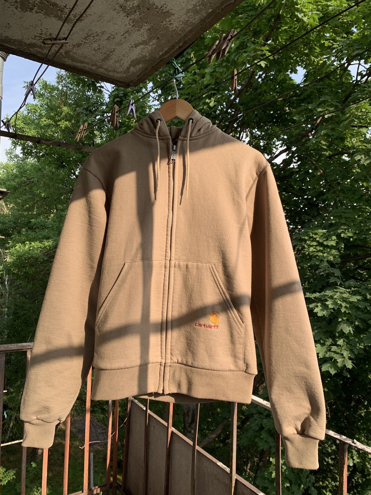 90s Vintage Carhartt Made In USA Zip Beige Hoodie Jacket