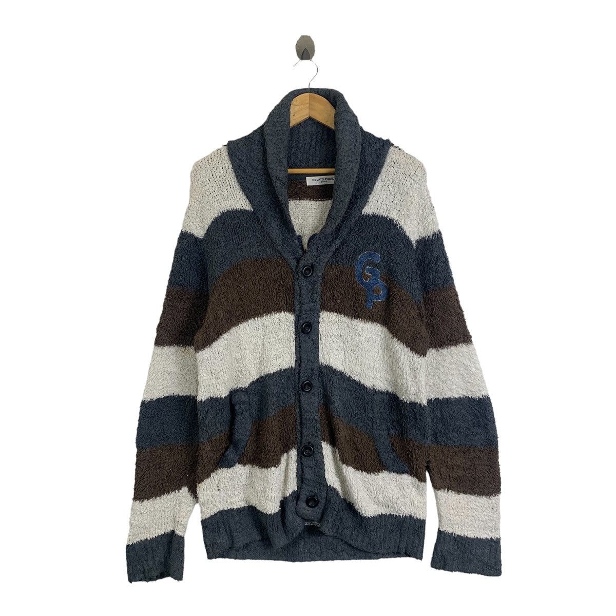 Japanese Brand × Vintage Vintage GELATO PIQUE Homme Big Logo Stripe Fleece Cardigans Size L / US 10 / IT 46 - 1 Thumbnail
