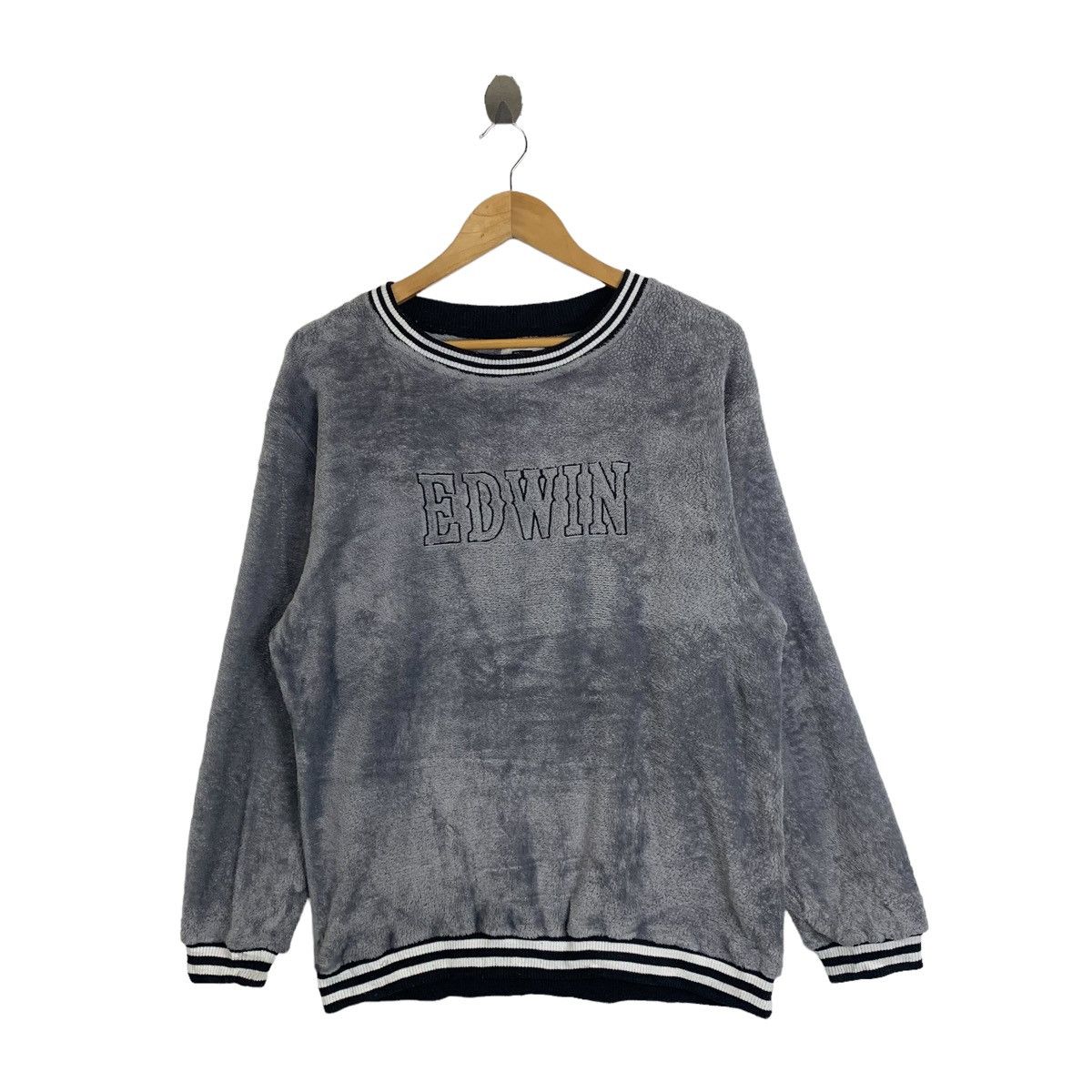 image of Edwin Big Logo Embroidered Fleece Sweatshirt Pullover Jumper in Grey, Men's (Size Large)