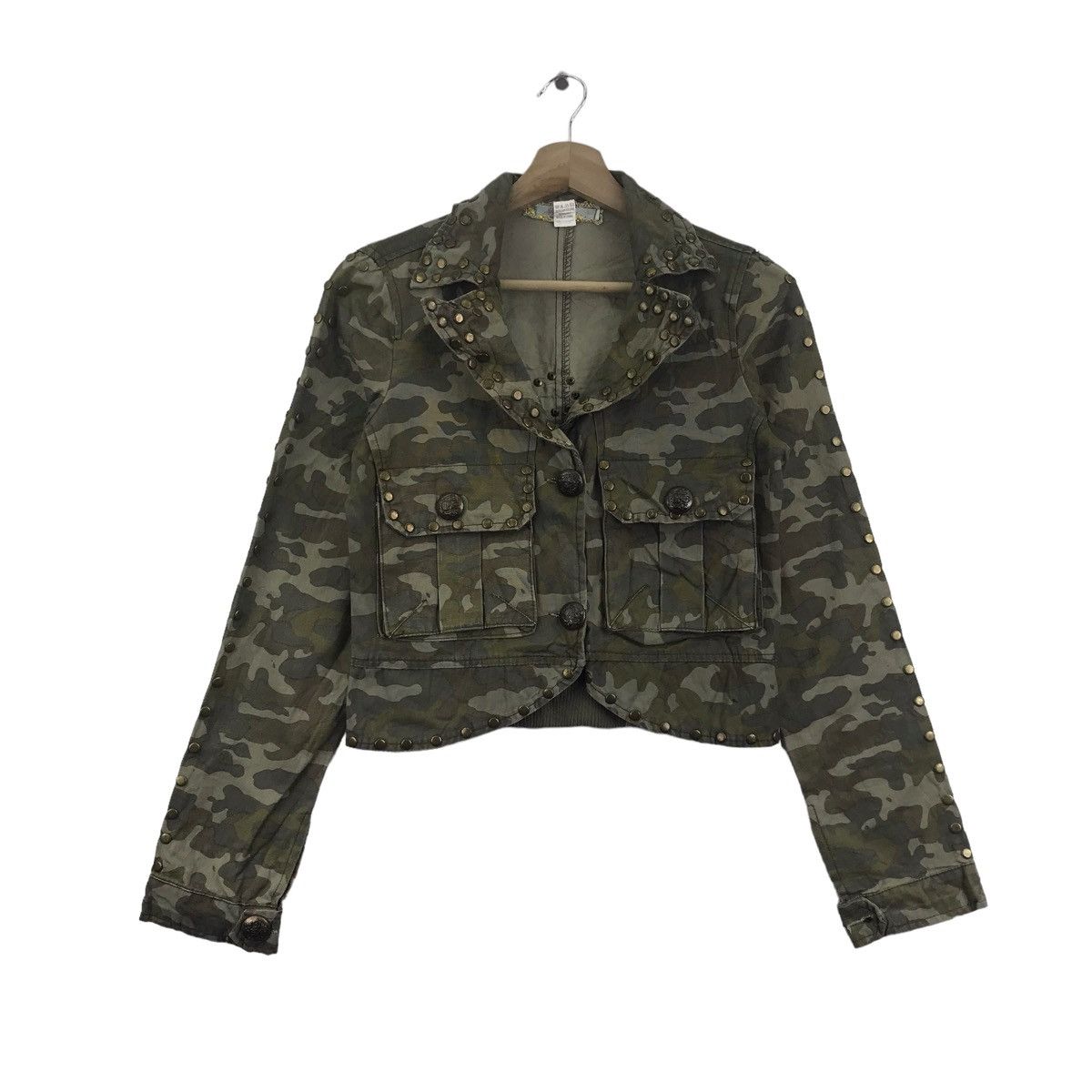 Vintage BANANA USA Spikes Style Green Camouflage Short Blazer Size L / US 10 / IT 46 - 1 Thumbnail