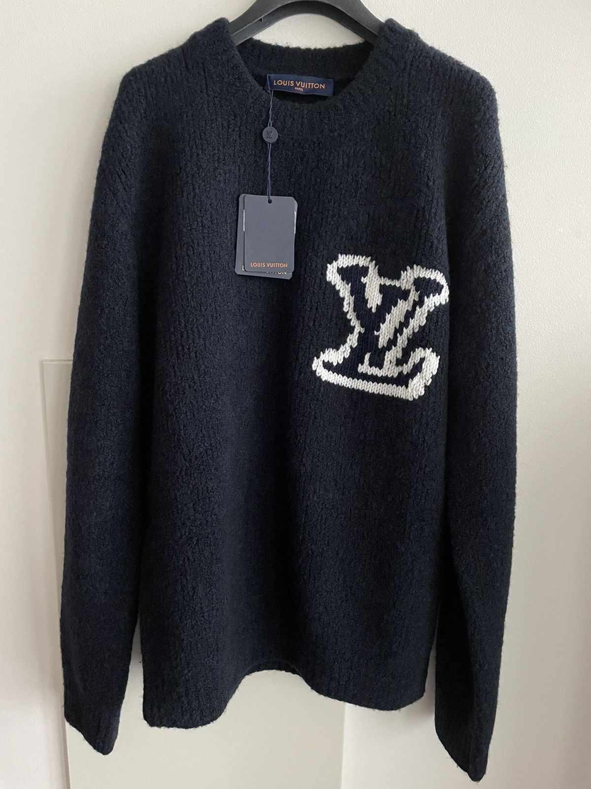 Louis Vuitton Navy Cotton Blend Red Malletier Badge Web Ribbed Sweater L