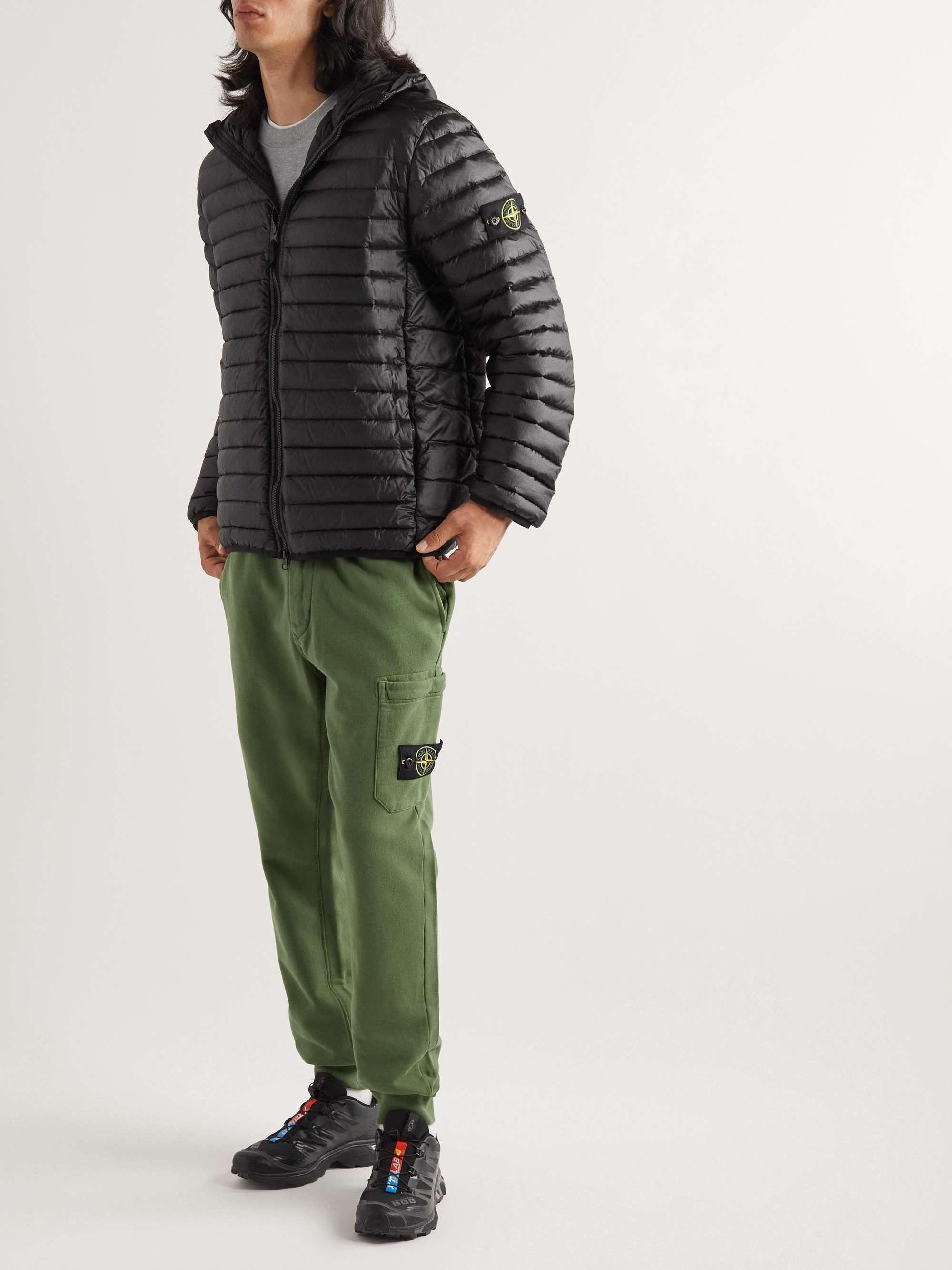 image of Stone Island Channel Logo Quilted Shell Down Hooded Jacket in Black, Men's (Size 2XL)